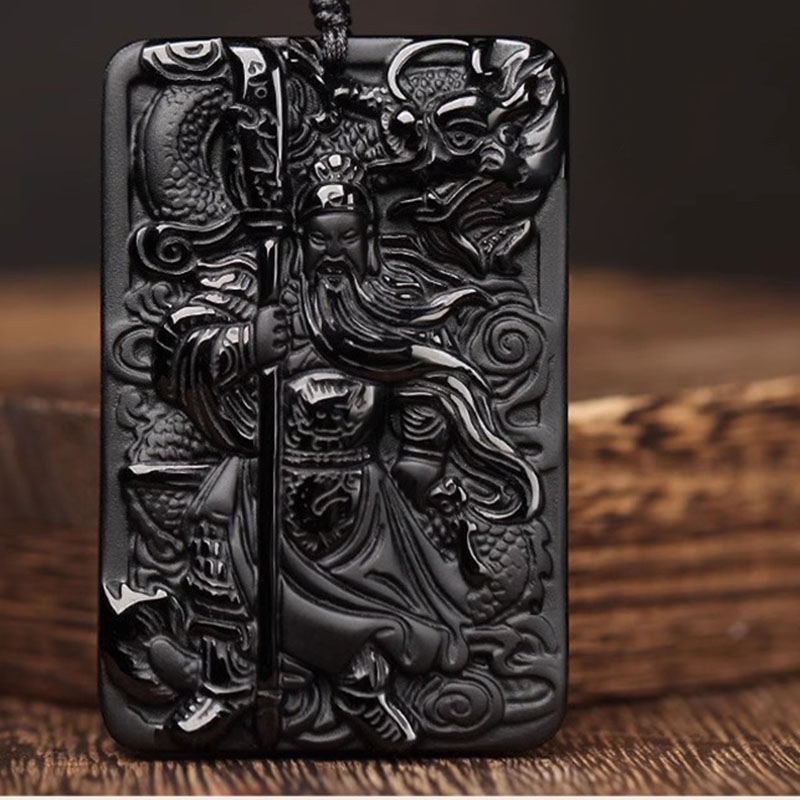 天然黑曜石精雕关公吊坠男女款霸气项链玉石武财神关羽关二爷项链