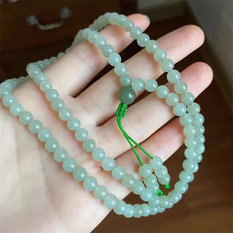 新疆和田玉色玉石项链男女士108颗玉佛珠项链多圈湖水绿浅青手串