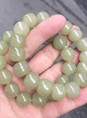 和田玉色冰晴水绿老型转运珠手链青海料湖水单圈男女手串圆珠手链