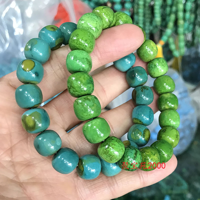 天然原矿高瓷绿松石老型手串男女文玩桶珠款手链单圈鼓珠手饰盘玩