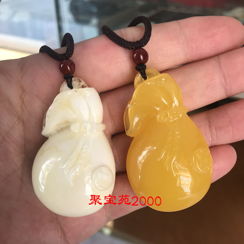 天然琥珀黄蜜代代有钱挂件白蜜蜡钱袋子吊坠长款毛衣链男女款项链