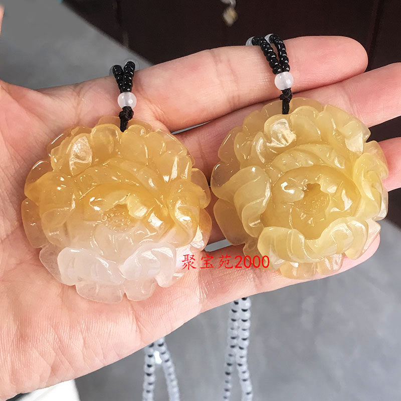 天然黄龙玉牡丹花吊坠女花开富贵玫瑰花项链冰种金丝玉挂件毛衣链