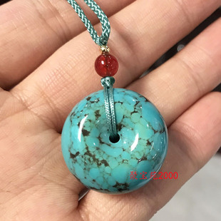 天然优化高瓷绿松石平安扣吊坠网花铁线文玩配饰乌兰花面包圈挂坠