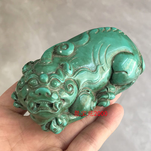 古玩杂项绿松石霸王貔貅手把件老松石雕刻霸气皮休把玩件茶宠摆件