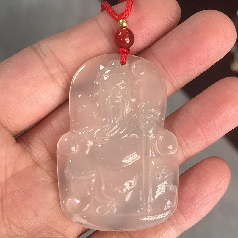 天然白玛瑙关公吊坠冰透玉髓关羽牌子关二爷武财神挂坠无事牌挂件