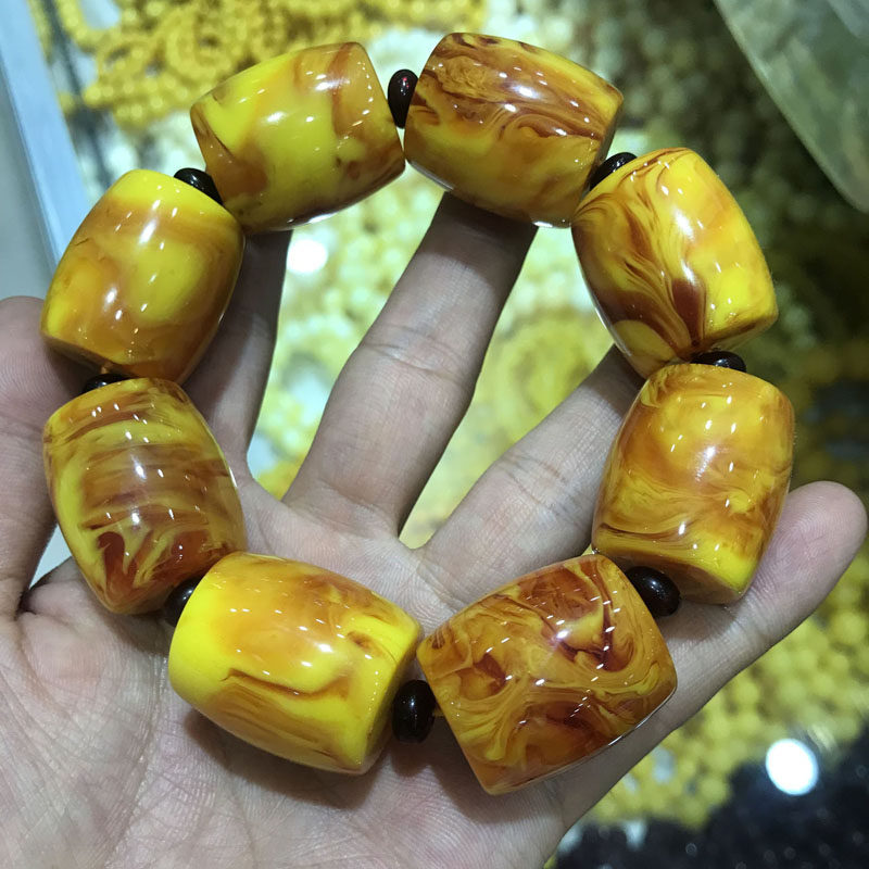 波罗的海鸡油黄老蜜蜡手串大气手链大鼓珠男女二代仿蜜腊首饰礼物