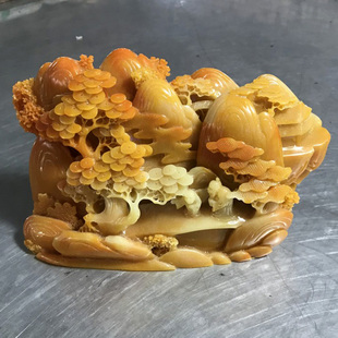 仿田黄石玉石黄蜡石雕刻黄龙玉摆件 山水风景摆件 赠送底座