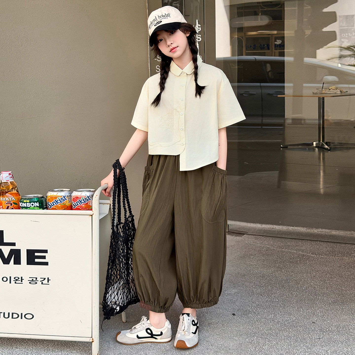 女童短袖新款夏装2026中大儿童时尚学院风衬衫灯笼裤套装女孩夏装