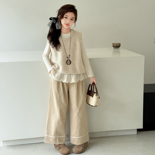 女童马甲套装秋季新款2025中大童时尚打底衫休闲裤儿童网红三件套