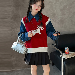 女童套装2026春秋新款中大童洋气马甲牛仔衣短裙三件套女生春装潮