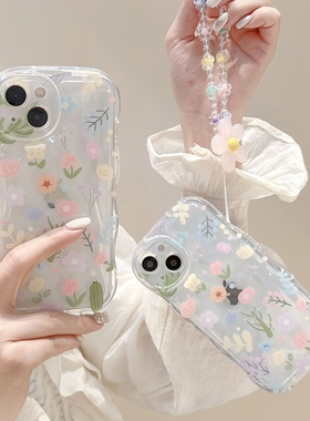 碎花手机保护壳软适用苹果14promax case cover iphone 13 casing flower with lanyard花朵手錬保护套15波浪