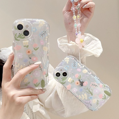 碎花手机保护壳软适用苹果14promax case cover iphone 13 casing flower with lanyard花朵手錬保护套15波浪