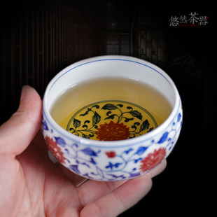 景德镇陶瓷青花釉里红茶杯手绘缠枝莲压手杯手工釉里红禅定主人杯