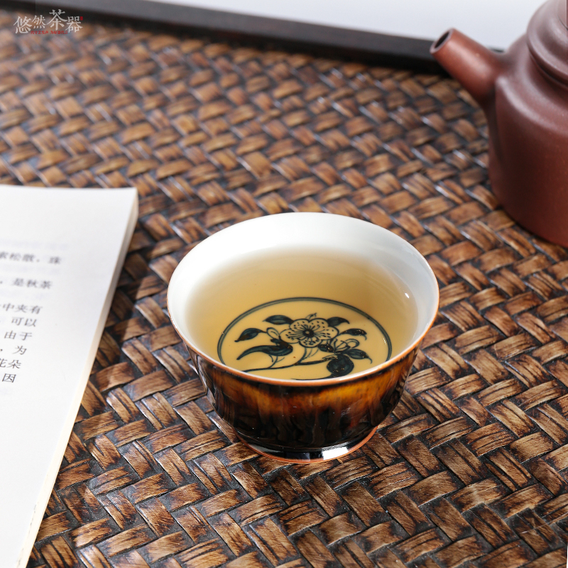 吉州窑品茗杯玳瑁釉茶杯内绘青花马蹄杯小主人杯功夫茶具单杯柴烧