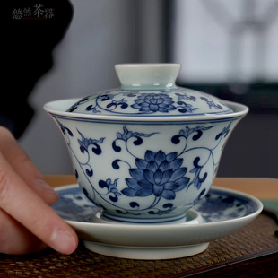 缠枝莲盖碗全手工手绘青花三才盖碗景德镇青花瓷碗高端功夫茶茶具