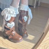 西部甜巧pinkyo原创美拉德牛仔短靴黑色女中筒皮带扣马丁靴堆堆靴