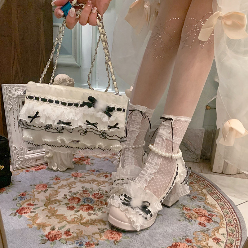 SwtCor甜核原创黑白撞色公主风单肩手提包蝴蝶结珍珠蕾丝蛋糕包包