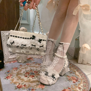 SwtCor甜核原创黑白撞色公主风单肩手提包蝴蝶结珍珠蕾丝蛋糕包包