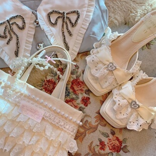 SwtCor甜核原创优雅法式风蝴蝶结拖鞋女蕾丝高跟鞋宫廷浅口女凉鞋