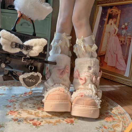 蝴蝶结蕾丝花边冬季加绒厚底靴子