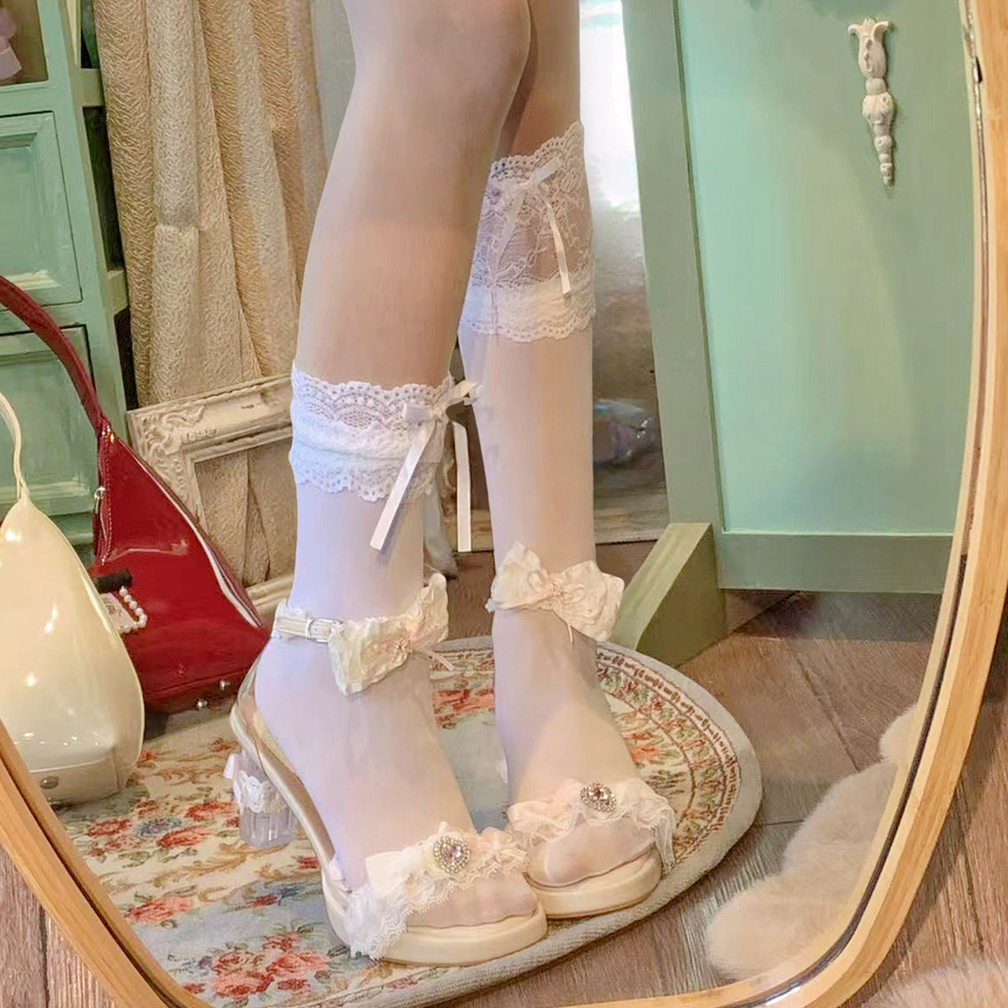 SwtCor甜核原创甜美风蕾丝蝴蝶结一字扣带中跟凉鞋珍珠装饰浪漫鞋,女鞋,时装凉鞋,淘宝优惠券,粉丝福利购,淘宝优惠卷