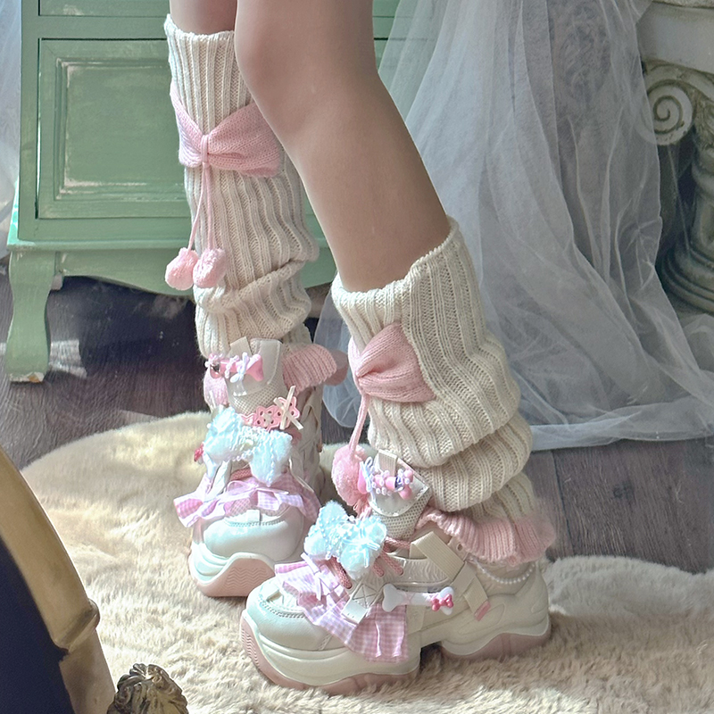 粉色蝴蝶结中筒袜堆堆袜女绑带