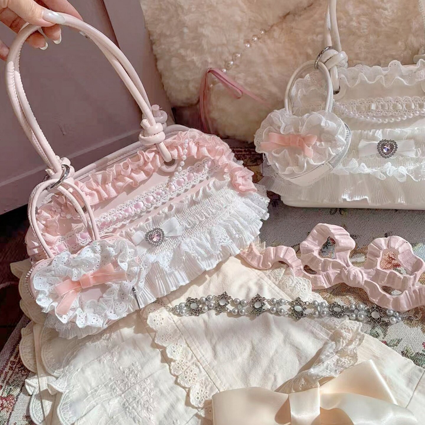 樱花树下的告白SwtCor甜核原创日系甜美蕾丝蝴蝶结手提包包蛋糕包