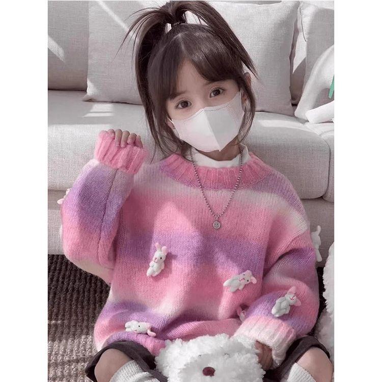 女童彩虹毛衣秋冬款2025新款渐变针织衫秋装秋季儿童宽松套头上衣