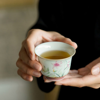 木槿紫百合花主人杯景德镇手绘陶瓷单杯品茗杯大号75ml