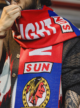 马登工装美式红色流苏球迷围巾披肩保暖长款针织围脖男式秋冬季