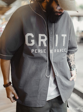马登工装美式休闲GRIT棒球服贴布绣短袖衬衫男日系灰色薄款衬衣夏