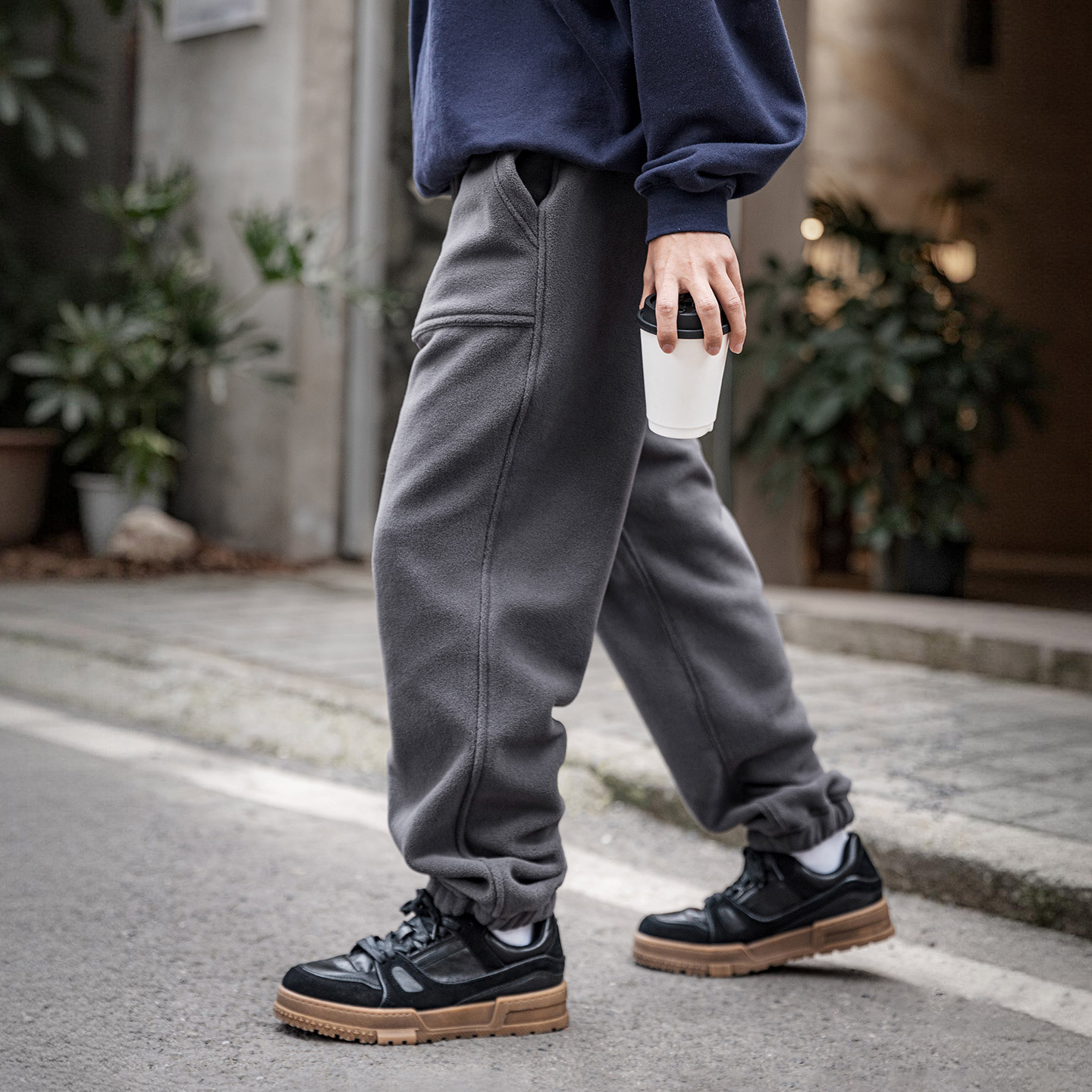 MRA男装 450g重磅双面摇粒绒卫裤抓绒加厚束脚抽绳直筒长休闲裤冬