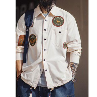 马登工装美式章仔刺绣长袖衬衫外套薄款白色口袋拼接衬衣夹克男春