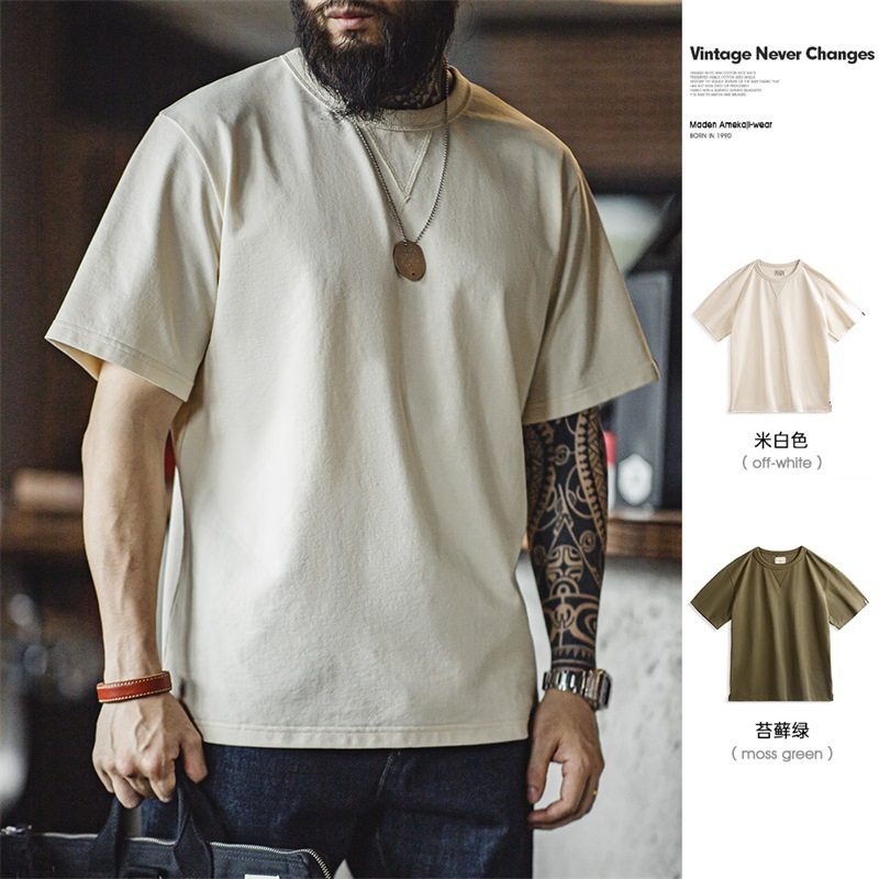 马登工装 美式复古米白色正肩短袖T恤男二本针圆领纯色打底汗衫夏,男装,T恤,淘宝优惠券,粉丝福利购,淘宝优惠卷