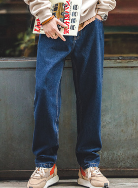 马登工装日系休闲水洗丹宁深蓝色牛仔裤男秋季宽松直筒阔腿老爹裤