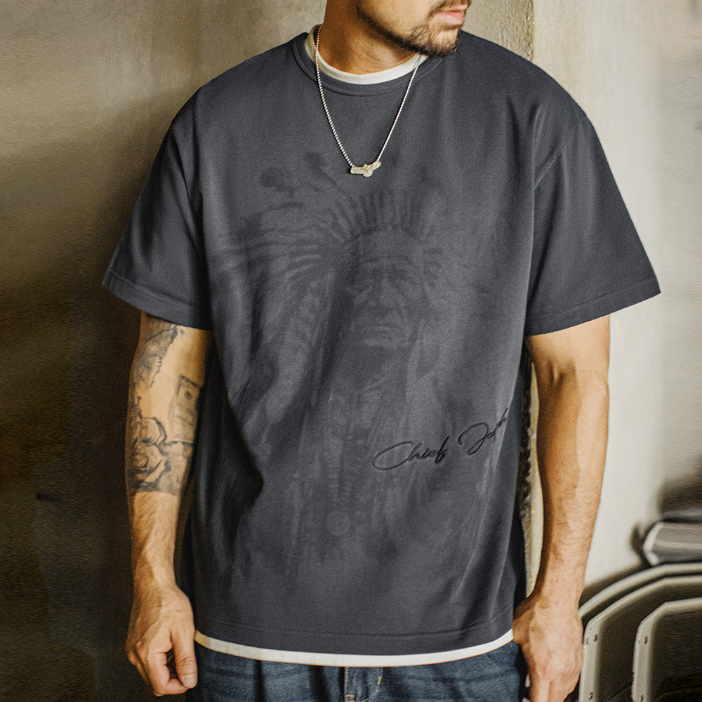 马登工装美式复古满印花T恤纯棉重磅棕色印第安vintage短袖男夏季