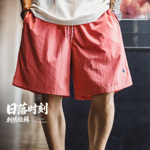 马登工装美式复古刺绣沙滩短裤梭织粉色轻薄休闲风五分裤男士夏季