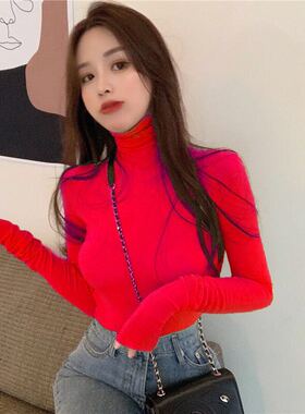 长袖打底衫女2024洋气内搭ins潮秋冬百搭高领修身性感红色T恤上衣