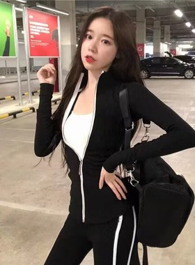 2025秋冬新款健身套装黑色立领户外运动长袖收腹显瘦高腰小脚裤女