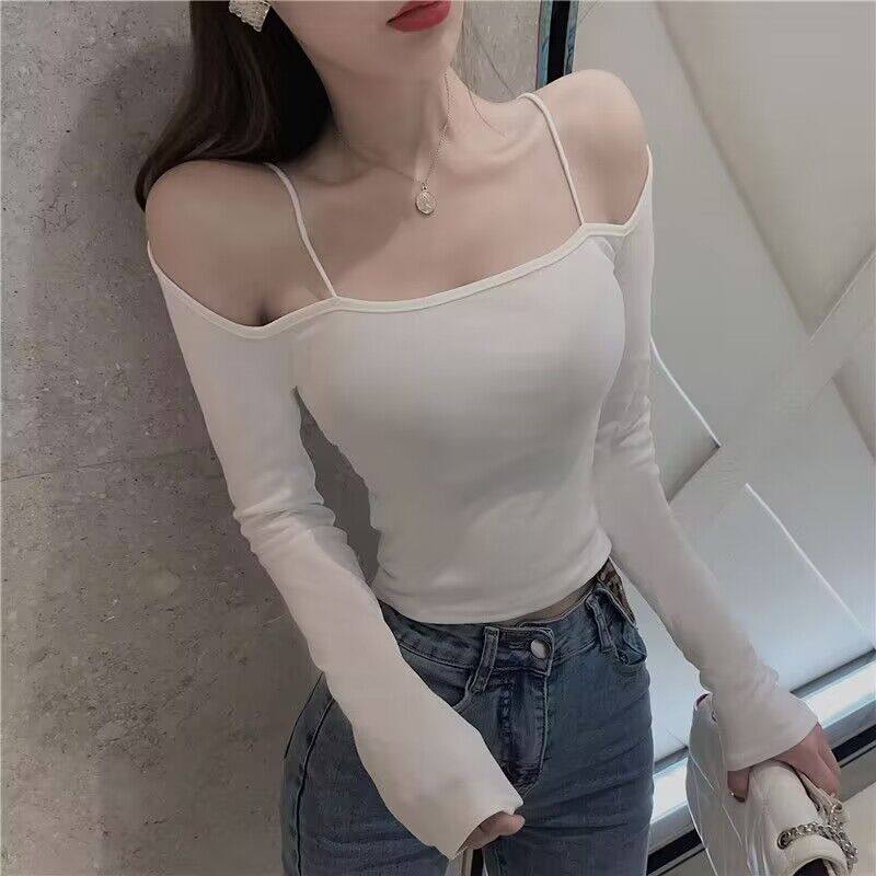 辣妹一字肩T恤女秋冬季纯欲紧身显瘦上衣性感短款长袖内搭打底衫