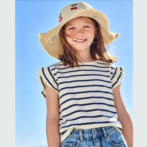 欣易雪法单童装 C3-3 VB有机棉 小飞袖娃娃衫 女童蓝条纹 短袖