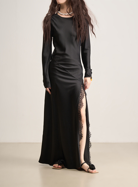 LANVIVIER 暗夜玫瑰法式迷人光泽感缎面高开衩蕾丝长袖拖地连衣裙