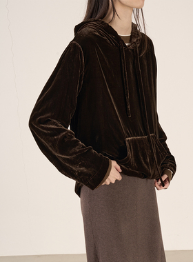 LANVIVIER 美拉德巧克力咖啡色金属柔美光泽垂感薄款连帽丝绒上衣