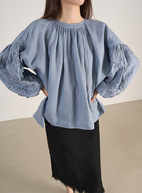 LANVIVIER宽松娃娃装重工立体装饰刺绣镂空灯笼袖纯亚麻圆领上衣