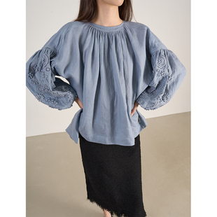 纯亚麻圆领上衣 饰刺绣镂空灯笼袖 LANVIVIER宽松娃娃装 重工立体装