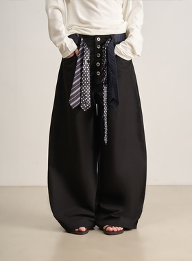 LANVIVIER 不羁个性 叠叠乐领带腰带 挺阔感弧形剪裁黑色弯刀裤女