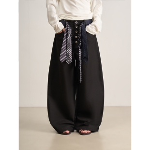 挺阔感弧形剪裁黑色弯刀裤 叠叠乐领带腰带 女 不羁个性 LANVIVIER