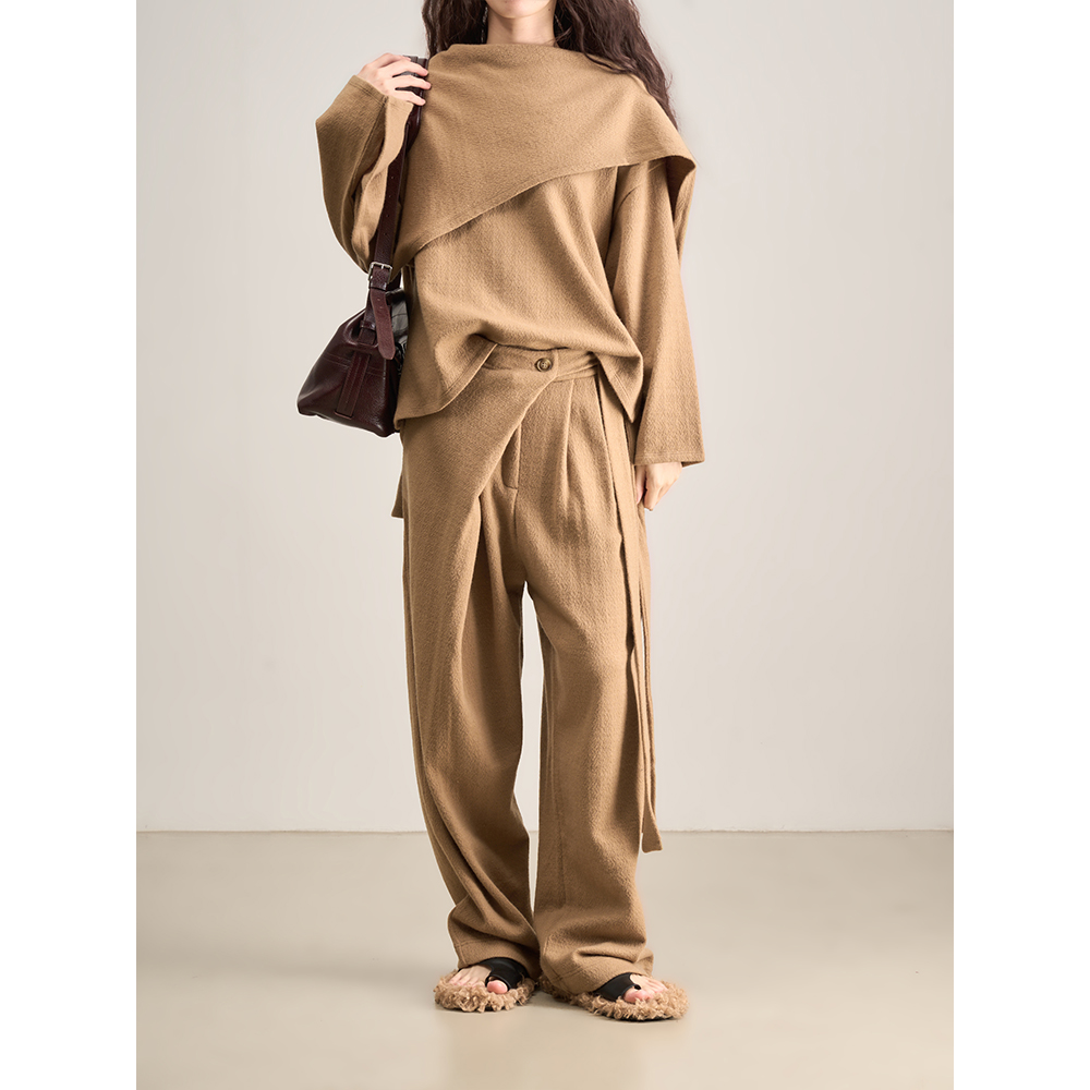 LANVIVIER潇洒小姐 法式松弛感针织披肩上衣+叠襟垂感阔腿裤套装