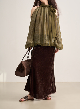 LANVIVIER 秋日午后层次感视觉抹茶绿色削肩立领灯笼袖设计感上衣