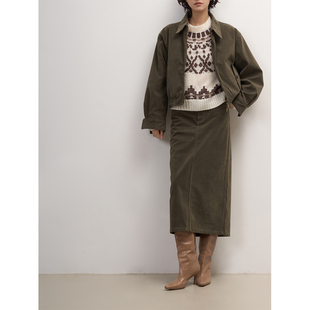 直筒中长半裙套装 LANVIVIER 复古俏皮茶色柔软麂皮绒夹克短外套